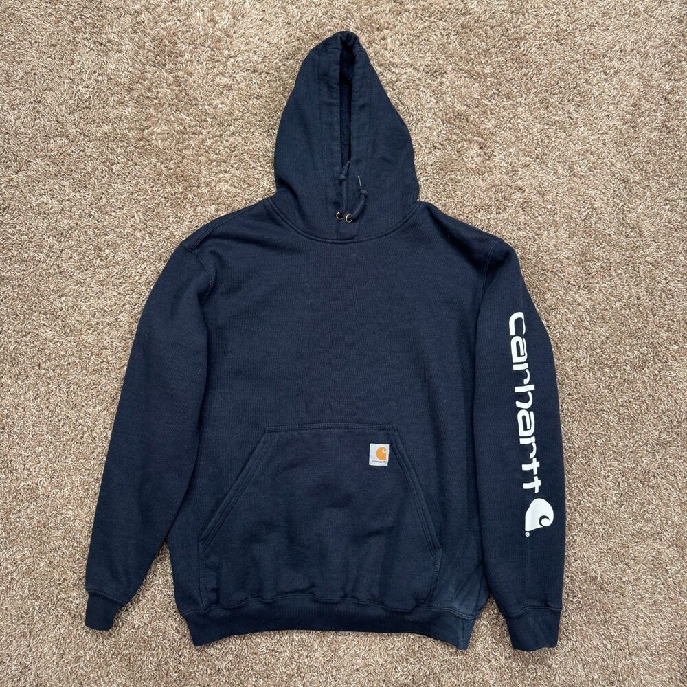 Carhartt Hoodie Men's Medium K288 Navy Blue Loose Fit Blue Graphic Logo Sleeve